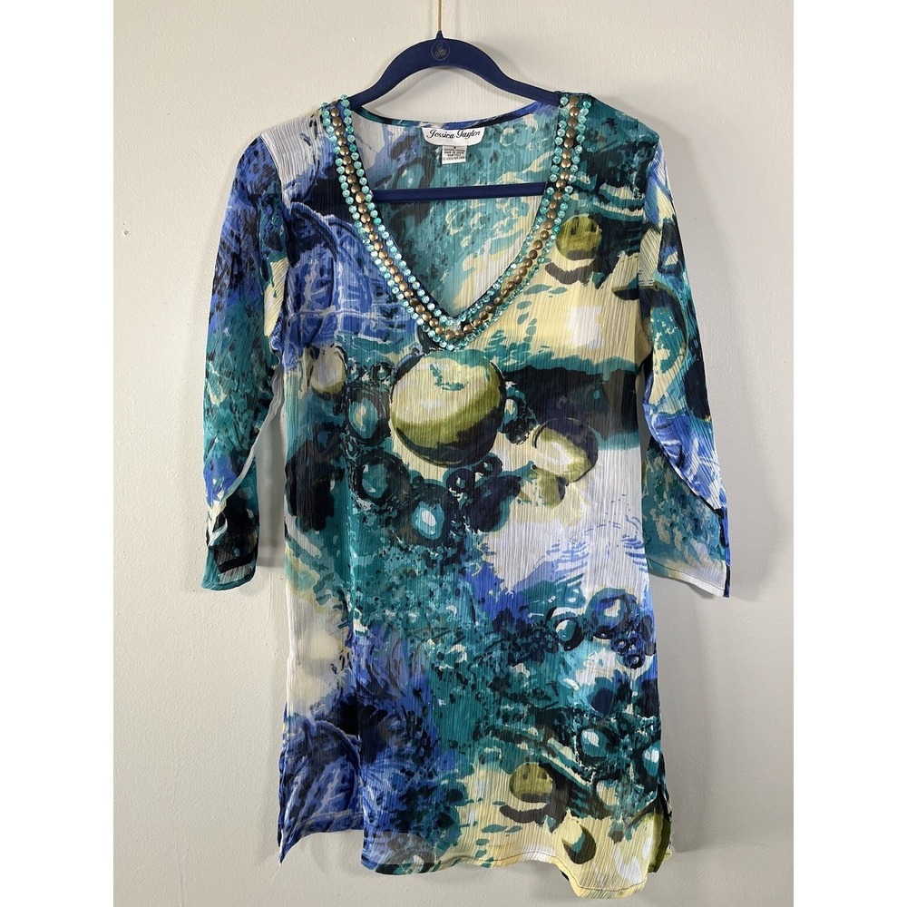 Artsy Beaded V Neck Swim CoverUp Tunic M Blue Watercolor Resort Mesh Beach Dress